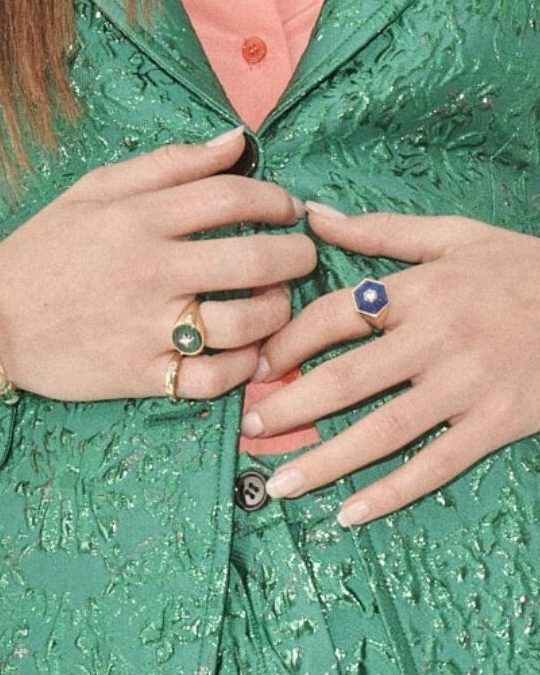 Lapis and signet rings worn with a green brocade suit